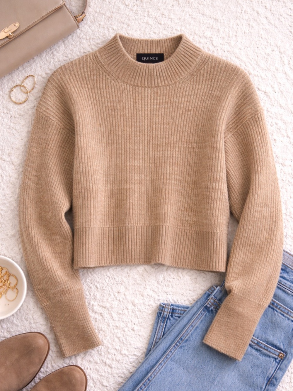 Quince Beige Cropped Mock Neck Sweater Merino Wool Alpaca XS/S
